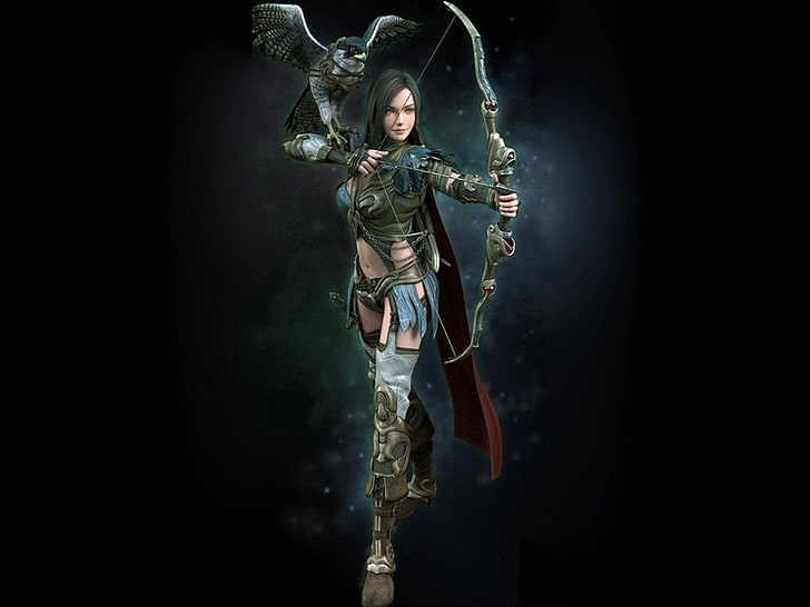 Mujer sosteniendo arco ilustración, fantasía, arquero, Fondo de pantalla HD