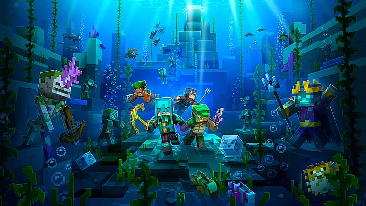 Minecraft, Minecraft Dungeons, vista para o mar, Minecraft Dungeons: Hidden Depths, 4K, HD papel de parede