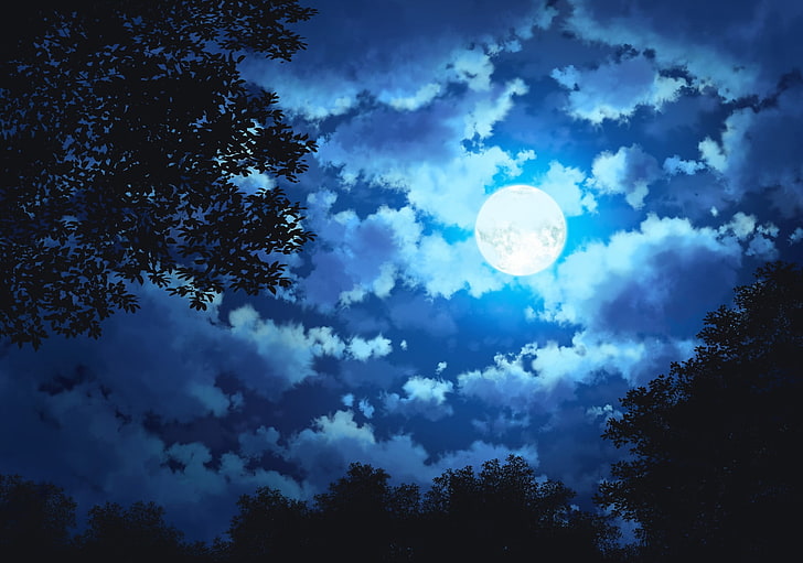 anime landscape, night, moon, clouds, trees, sky, Anime, HD wallpaper