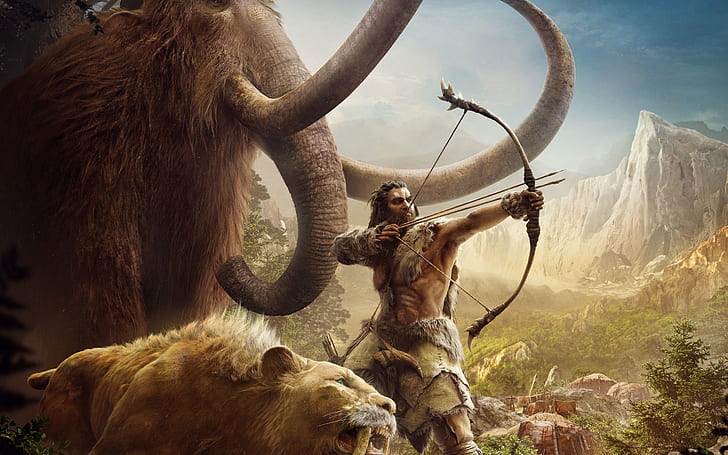 Far Cry: Primal, mammoths, saber-toothed tiger, Far, Cry, Primal, Mammoths, Saber, Toothed, Tiger, HD wallpaper