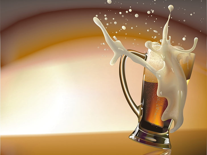 clear glass mug filled with brown liquid, squirt, beer, vector, Mug, HD wallpaper
