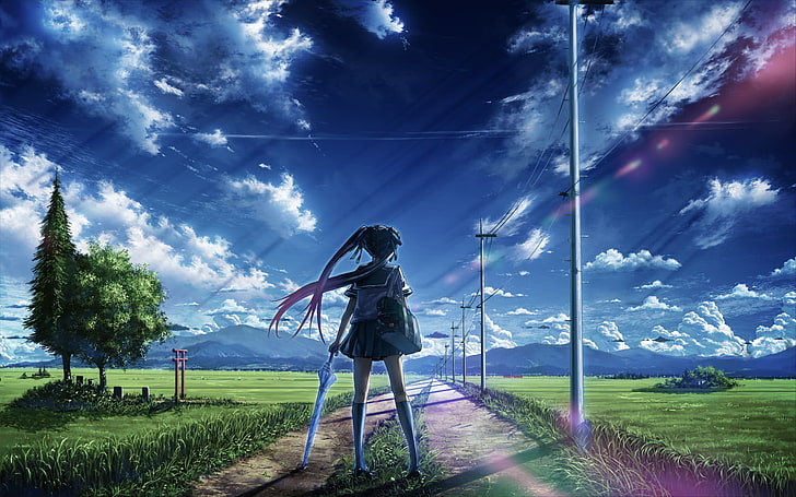 étudiante tenant un fond d'écran épée, Vocaloid, Hatsune Miku, filles anime, nuages, anime, paysage, Fond d'écran HD