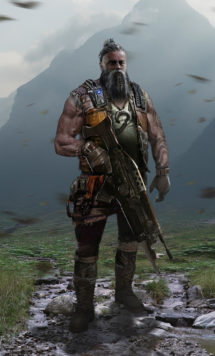 Mann hält Gewehr Tapete, Gears of War 4, PC-Spiele, Gears of War, HD-Hintergrundbild, Handy-Hintergrundbild