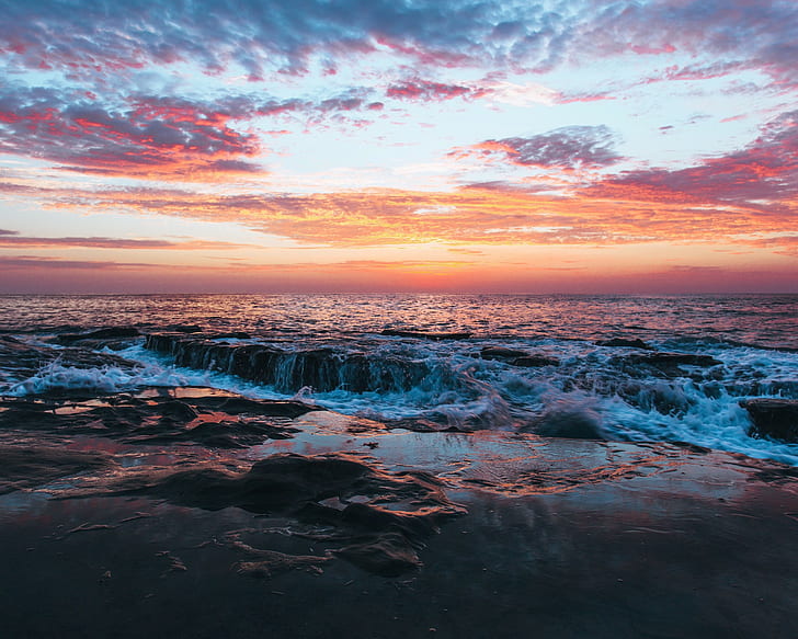 laut, batu, ombak, matahari terbenam, pantai, awan, Wallpaper HD