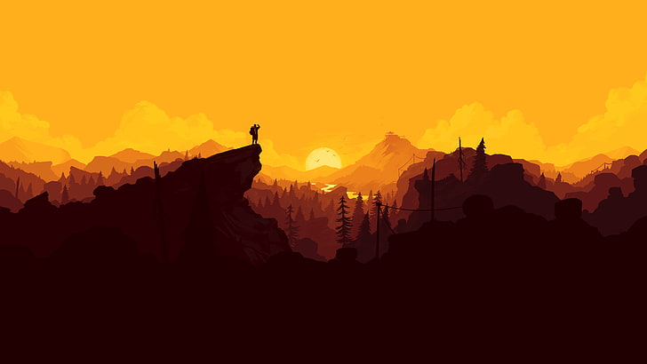 silhouette illustration of person on valley, fantasy art, Firewatch, Olly Moss, looking into the distance, HD wallpaper