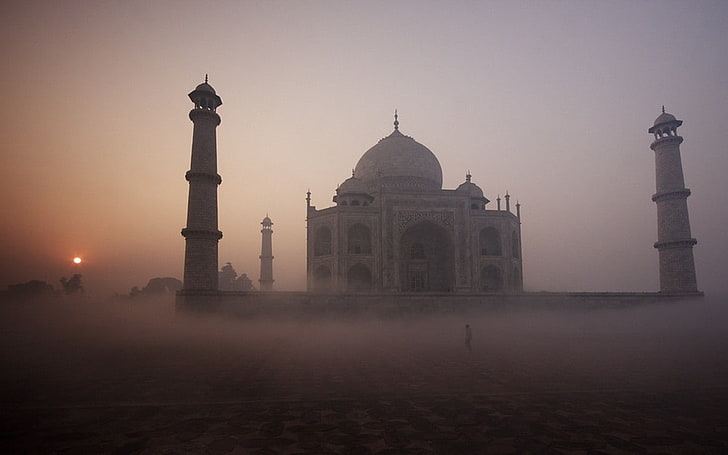 Hinduism, India, landscape, mist, nature, religion, sunrise, Taj Mahal, Temple, tropical, HD wallpaper