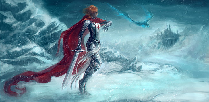 swordswoman character digital wallpaper, cold, road, girl, snow, red, weapons, dragon, sword, art, World of Warcraft, cloak, Crusader, HD wallpaper