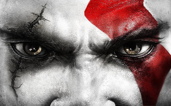 Kratos enfrenta, kratos, deus da guerra, rosto, olhos, cicatriz, HD papel de parede