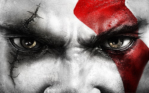 Kratos enfrenta, kratos, deus da guerra, rosto, olhos, cicatriz, HD papel de parede HD wallpaper