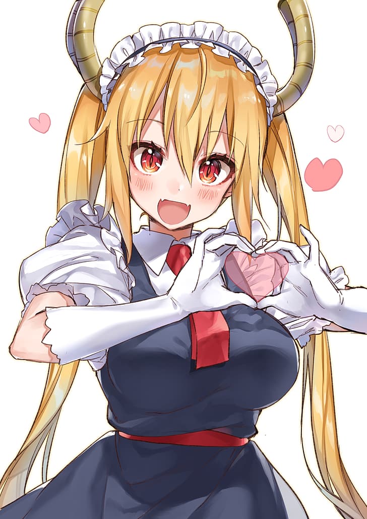 anime, anime girls, Tohru (Kobayashi-san Chi no Maid Dragon), Kobayashi-san Chi no Maid Dragon, 2D, drawing, digital art, blonde, blond hair, twintails, long hair, brown eyes, maid, horns, maid outfit, dragon girl, simple background, white background, under skirt, white panties, panties, ass, glutes, thighs, wide hips, thick thigh, red tie, HD wallpaper