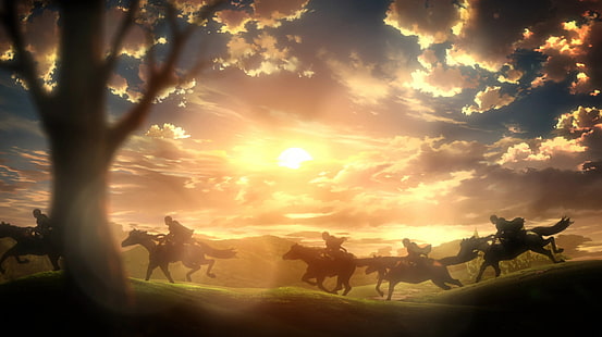 silhouette of equestrians illustration, Anime, Attack On Titan, Scouting Legion, Shingeki No Kyojin, Sunset, HD wallpaper HD wallpaper