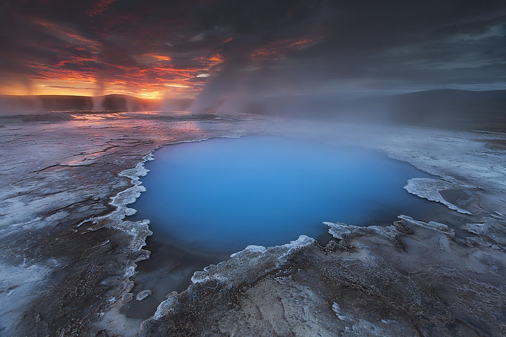 acqua, Islanda, sorgente termale, nuvole, paesaggio, natura, blu, Sfondo HD