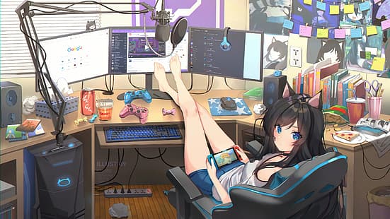 chicas anime, orejas de animales, jugando, computadora, jugadores, Fondo de pantalla HD HD wallpaper