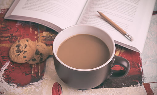 weißer Keramikbecher, Kaffee, Bücher, HD-Hintergrundbild HD wallpaper