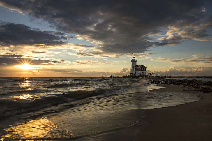 sea, beach, the sun, sunrise, lighthouse, morning, pierce, Spain, Costa Blanca, HD wallpaper
