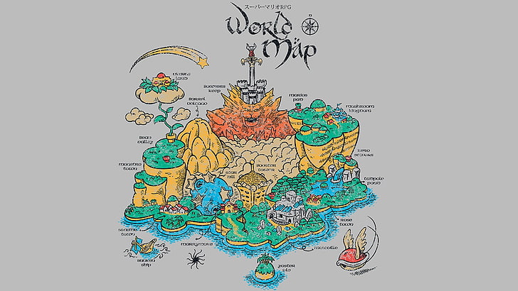 Иллюстрация на карте мира, Super Mario, видеоигры, карта, Super Mario RPG, HD обои