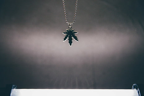 Naszyjnik, Fotografia, srebrny i czarny naszyjnik wisiorek z liści konopi, naszyjnik, fotografia, Tapety HD HD wallpaper