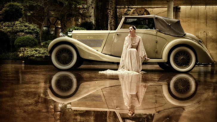 auto, frauen mit autos, vintag, reflexion, vintageauto, weißes kleid, perlenkette, hocken, frauen, HD-Hintergrundbild