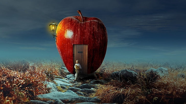 Casa da maçã, maçã, fruta, vermelho, fantasia, casa, luminos, azul, HD papel de parede