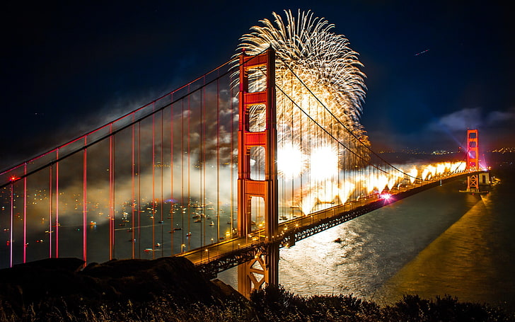 градски пейзаж, град, мост, HDR, фойерверки, мост Golden Gate, нощ, HD тапет