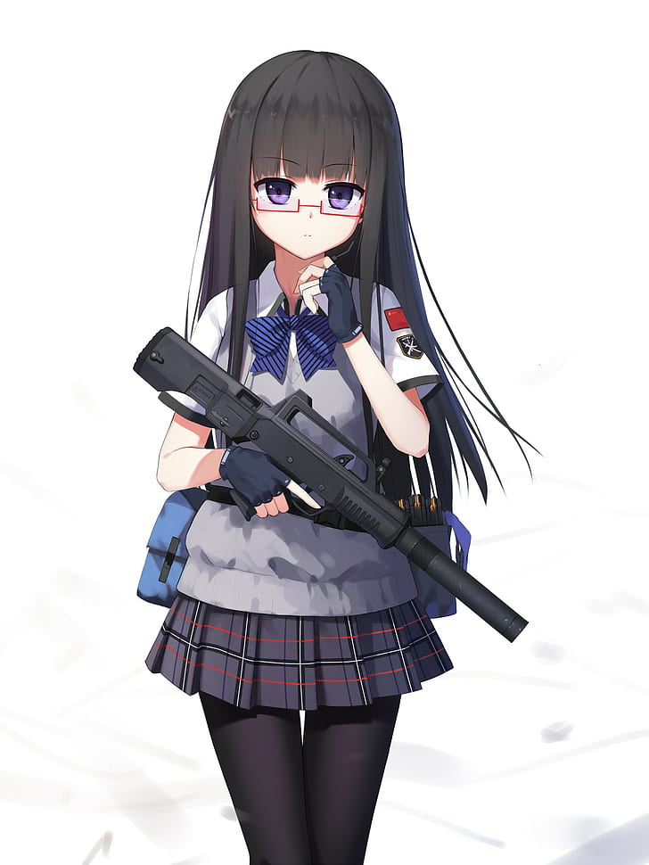 аниме, аниме девушки, пистолет, оружие, очки, длинные волосы, фиолетовые глаза, HD обои, телефон обои