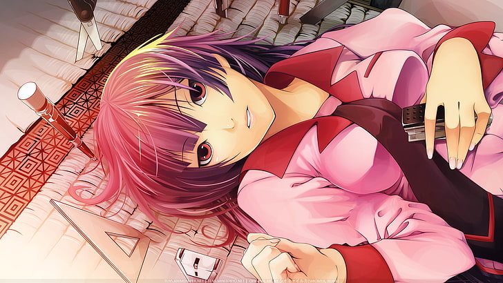 Anime Mädchen, Anime, Monogatari-Serie, Senjougahara Hitagi, Schuluniform, kurze Haare, rote Augen, Blick auf Betrachter, lila Haare, HD-Hintergrundbild