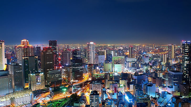 Flygfoto över stadslandskap, fågelperspektiv av höghus, stad, stadsbild, arkitektur, byggnad, Osaka, Japan, natt, ljus, spår, skyskrapa, gata, lång exponering, hus, HD tapet