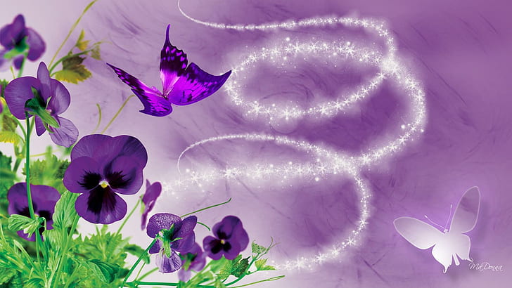 Теменужки с лилава награда, мачурка, искрящи звезди, цветя, братки, блясък, ангелски прах, лилаво, пеперуди, заслепяване, 3d и абстракт, HD тапет
