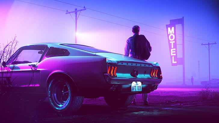 Mustang, Ford, Auto, Night, Neon, People, Machine, Background, Ford Mustang, 1967, Fastback, Mustang GT, Motel, Synthpop, Darkwave, Synth, Retrowave, Synth-pop, Synthwave, Synth pop, Mustang 1967, Colorsponge Carlos, HD wallpaper