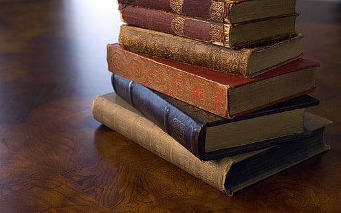 assorted-tittle book lot, books, wooden surface, vintage, old, HD wallpaper HD wallpaper