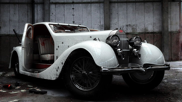 coupe vintage putih, gangster, Bugatti, mobil, mobil Vintage, darah, Wallpaper HD
