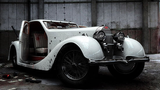 białe zabytkowe coupe, gangsterzy, Bugatti, samochód, zabytkowy samochód, krew, Tapety HD HD wallpaper