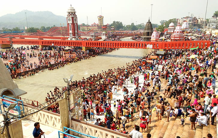 Haridwar, ciudad santa, multitud de personas, la ciudad antigua, Fondo de pantalla HD
