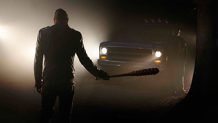 homem segurando o bastão perto de carro, Negan, Lennie James, Jeffrey Dean Morgan, The Walking Dead, 7ª Temporada, 4K, HD papel de parede