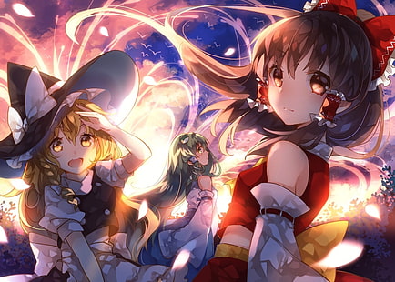 anime, Hakurei Reimu, Kirisame Marisa, Kochiya Sanae, touhou, Sfondo HD HD wallpaper