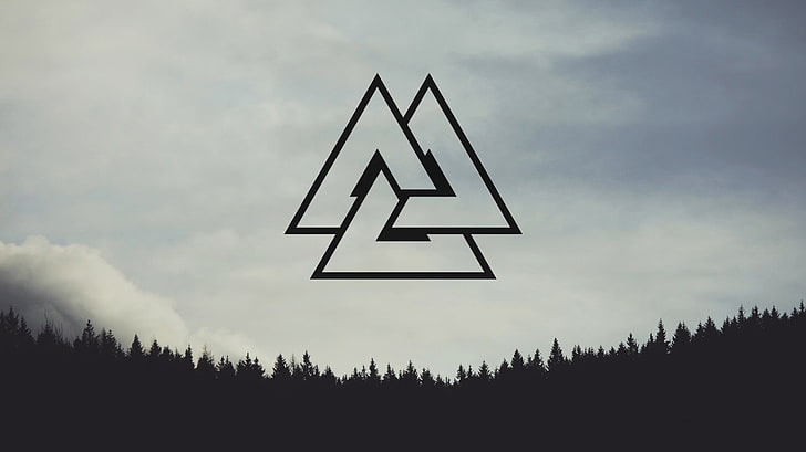 Logo noeud celtique, valknut, paysages nordiques, nordiques, forêt, pins, Fond d'écran HD