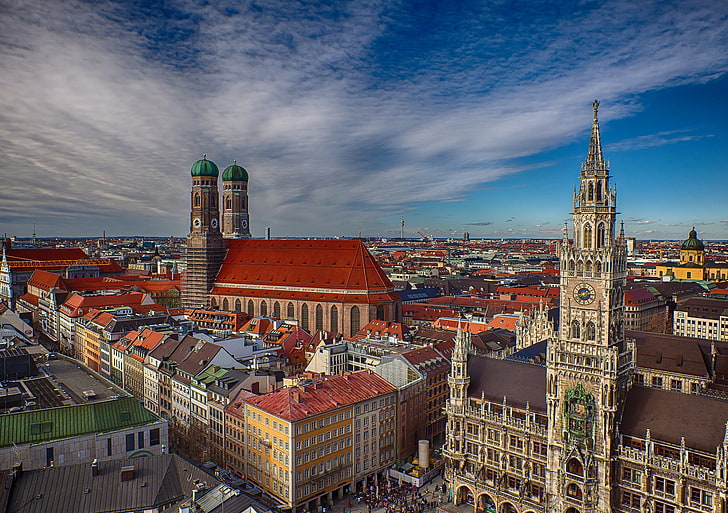 red-painted roof building, building, Germany, Munich, Bayern, panorama, Cathedral, Bavaria, Frauenkirche, Marienplatz, New town hall, Munich Town Hall, the Marienplatz square, HD wallpaper
