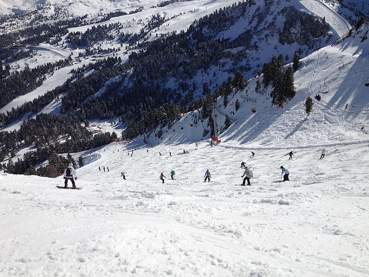 activity, cold, mountain, people, ski resort, skiing, snow, snowboarding, sport, trees, winter, HD wallpaper