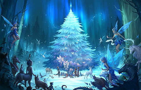 Natal, Natal, naga, peri, peri, sihir, pohon, unicorn, Wallpaper HD HD wallpaper