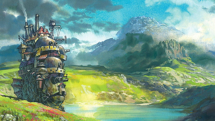 Movie, Howl's Moving Castle, Castle, Countryside, Mechanical, Moving, Scenery, Studio Ghibli, Technology, Watercolor, HD wallpaper