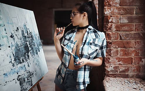  paint, shorts, Girl, glasses, shirt, brush, canvas, draws, Sergey Zhirnov, Maya Shakhnazarov, HD wallpaper HD wallpaper