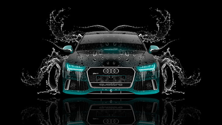black and blue Aud A-Series, Audi, Water, Design, Black, Neon, Machine, Style, Wallpaper, Background, Car, Art, Photoshop, Front, Effects, 2014, RS7, el Tony Cars, Tony Kokhan, HD Wallpapers, Front View, Azure, Turquoise, HD wallpaper