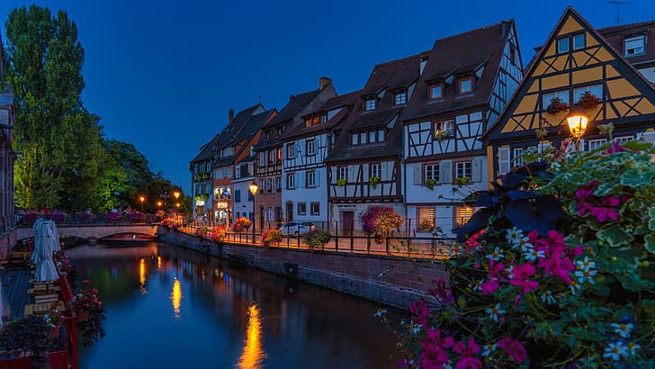 trees, bridge, the city, France, building, home, the evening, lighting, lights, channel, the bushes, Colmar, HD wallpaper