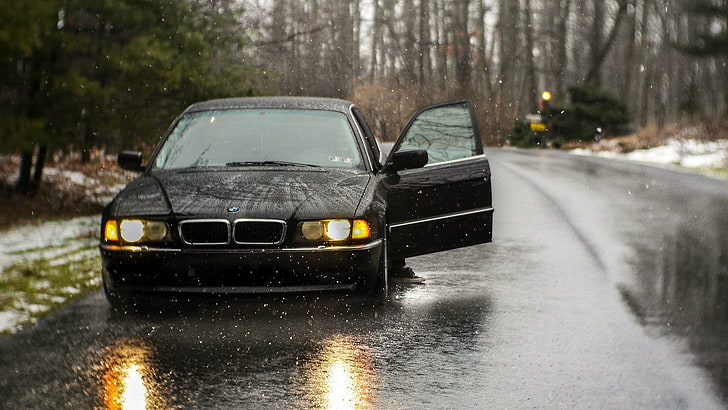 черный бмв 5-й серии, суперкар, бмв 740, старая машина, черный, дождь, HD обои