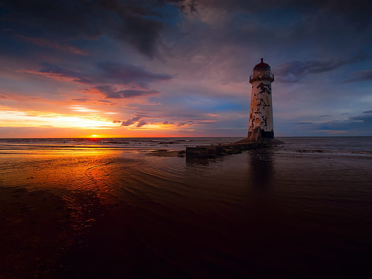 Sea, evening, sunset, clouds, lighthouse, light house, Sea, Evening, Sunset, Clouds, Lighthouse, HD wallpaper