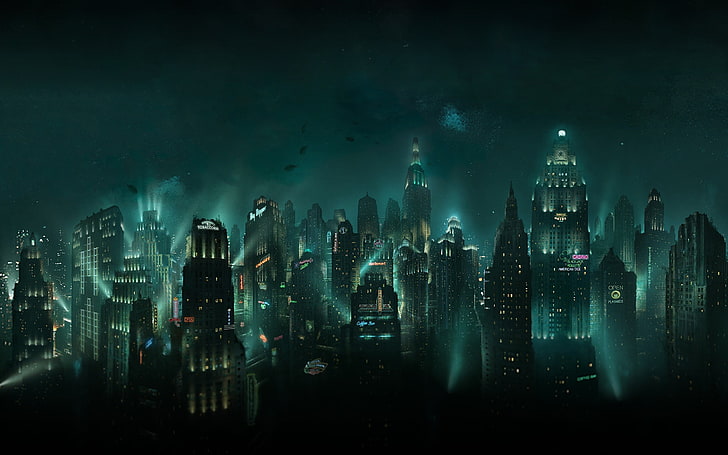 svarta byggnader digital illustration, BioShock, Rapture, videospel, HD tapet