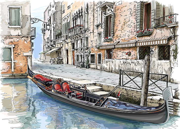 pintura de canoa cinza, a cidade, rua, casa, pintura, gôndola, Veneza, HD papel de parede
