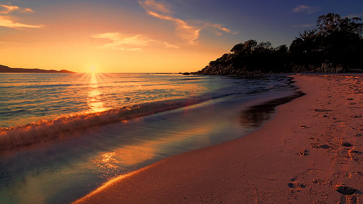 nature, sunlight, sunset, beach, long exposure, sea, HD wallpaper