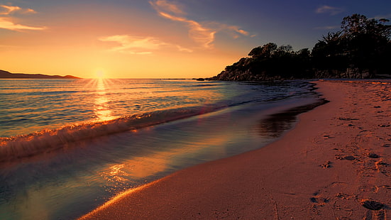 nature, sunlight, sunset, beach, long exposure, sea, HD wallpaper HD wallpaper