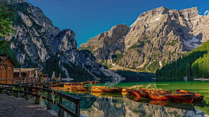 mountains, lake, boats, Italy, The Dolomites, South Tyrol, Dolomites, Lake Braies, boat station, The lake of Braies, Pragser Wildsee, Lake Braes, HD wallpaper